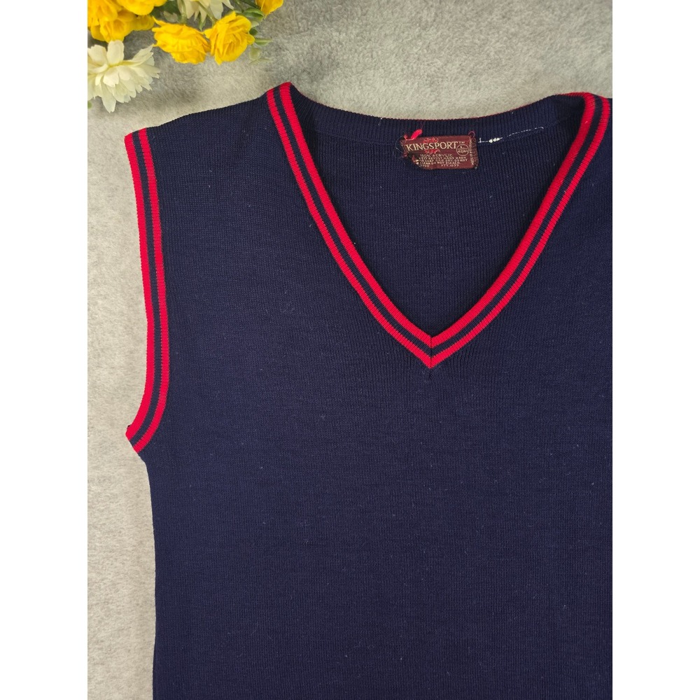 Kingsport Vintage 70s Navy Blue Red Striped V-Neck Sweater Vest Mens Large 42/44